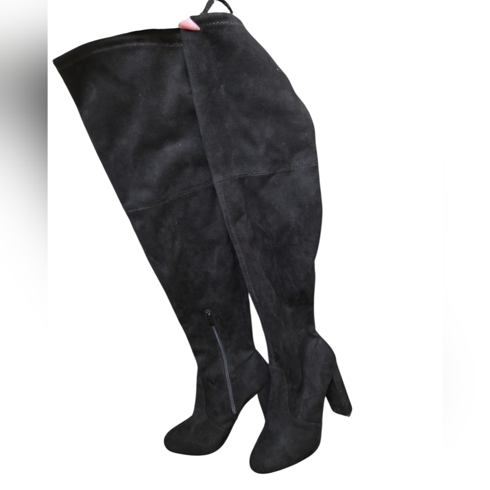 Black Faux Suede Over-the-Knee Thigh High Heeled Boots - Picture 2 of 3